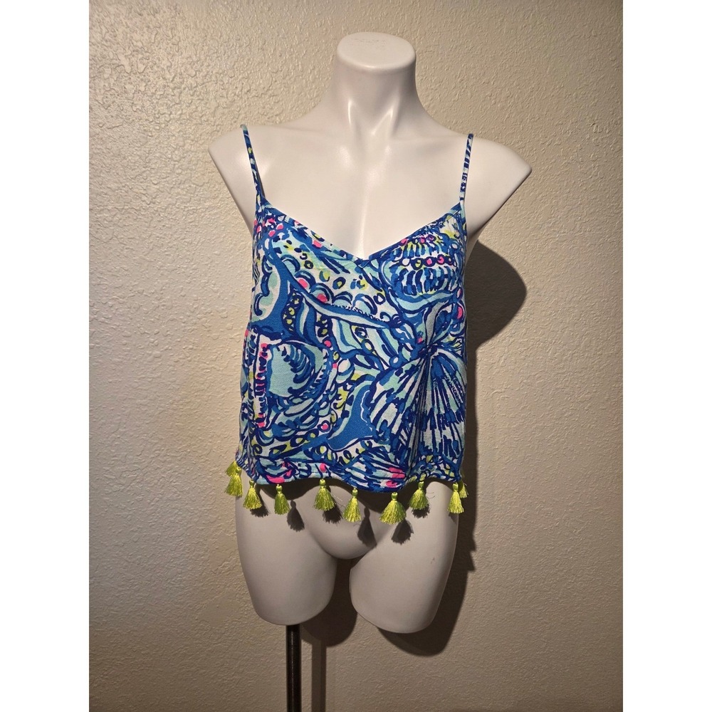 Lilly Pulitzer Blue Seashell Print Tassel Hem Cami Tank Top Womens Size 10